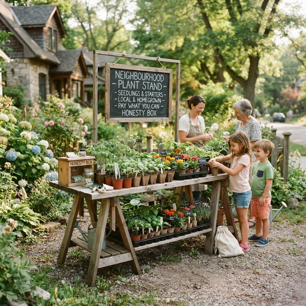 Our little neighbourhood plant stand full of seedlings